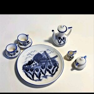 Doll House Miniature Blue & White Dutch Style Coffee Tea Set Porcelain Country